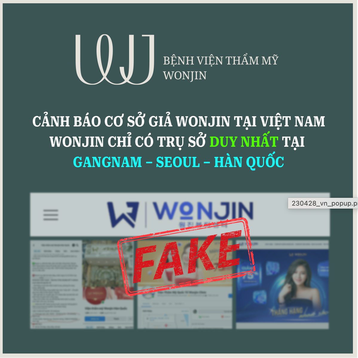 Bệnh viện Thẩm mỹ Wonjin đăng tải thông tin cảnh báo khách hàng trên trang web chính thức. Ảnh: Nhóm PV