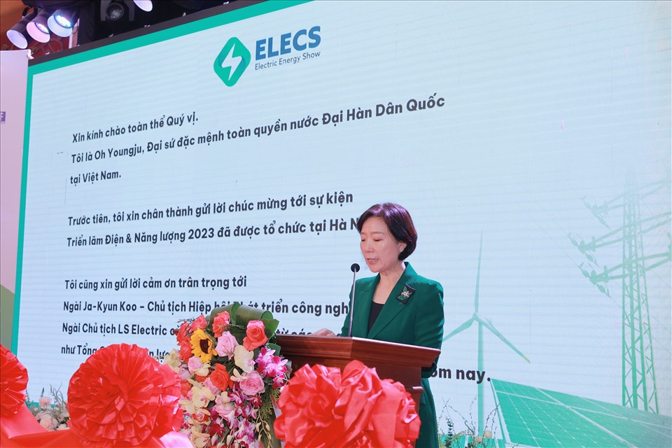 Bà Oh Young Ju, Đại sứ đặc mệnh toàn quyền nước Đại Hàn Dân Quốc tại Việt Nam phát biểu tại buổi khai mạc. Ảnh: Hương Giang