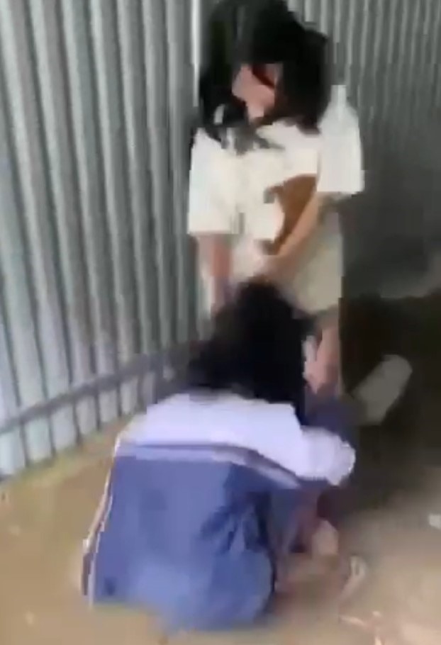 Nữ sinh lớp 7 bị bạn túm tóc, đánh hội đồng. Ảnh cắt từ clip