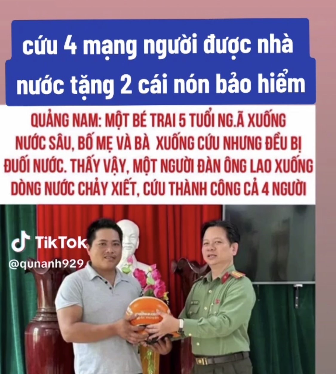Bài đăng của Tiktoker qunanh929 về vụ cứu 4 người đuối nước được tặng 2 mũ bảo hiểm. Ảnh chụp màn hình Tiktok