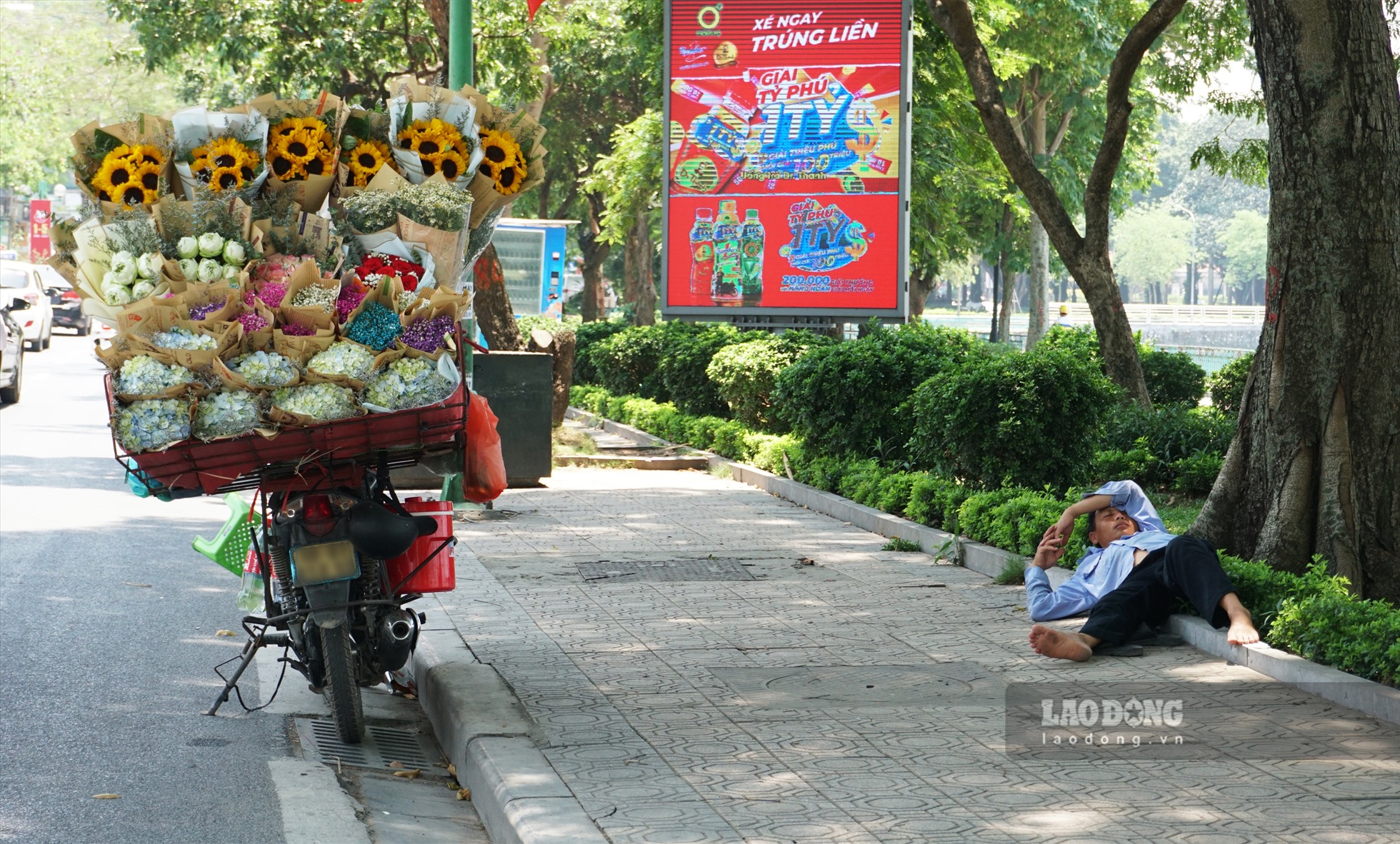 Giấc ngủ trưa vội vã của một người bán hoa trên đường Thanh Niên (quận Ba Đình).