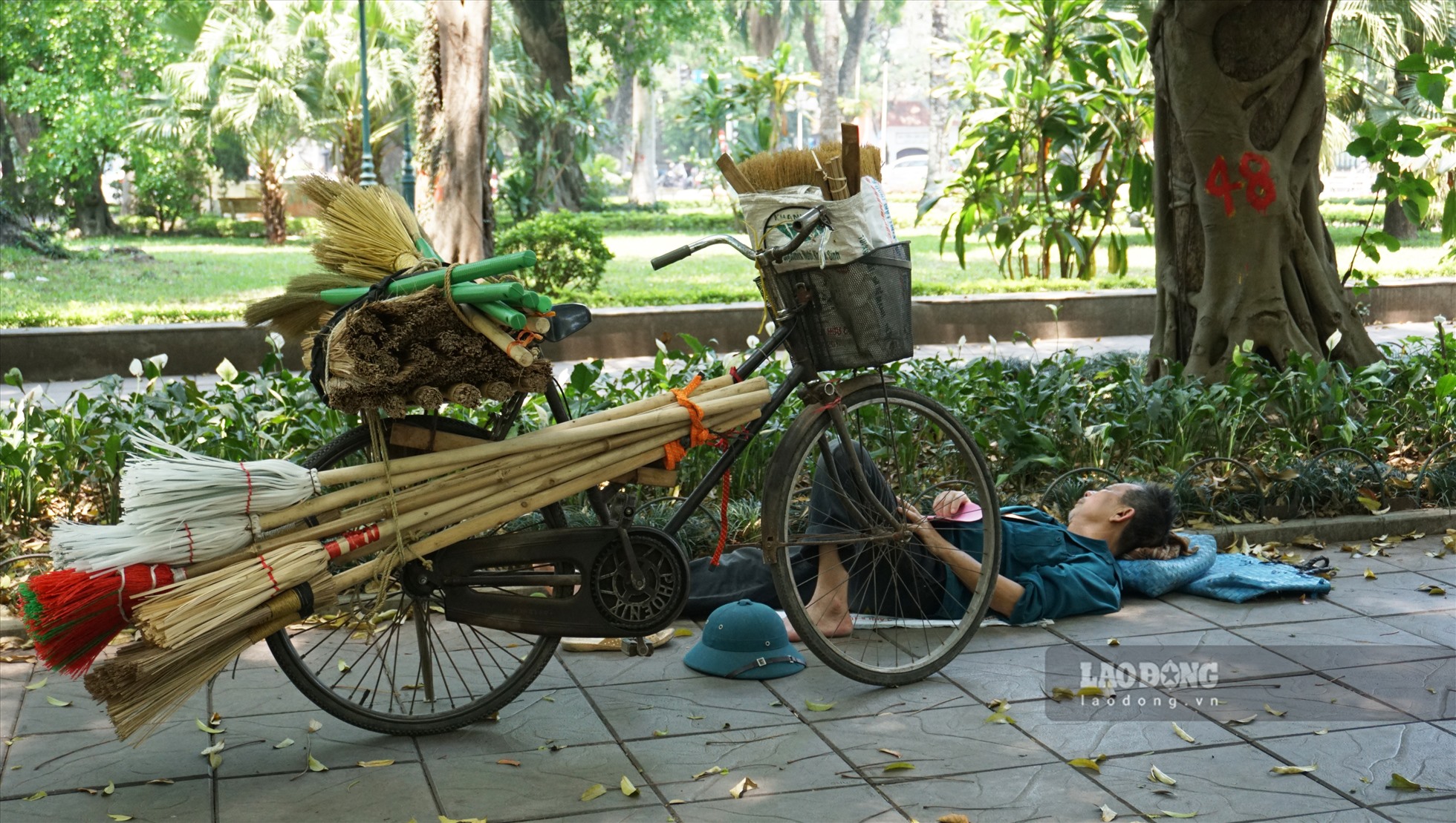 Họ chỉ cần một mảnh chiếu nhỏ để ngả lưng giữa thời tiết nắng nóng ở Hà Nội.
