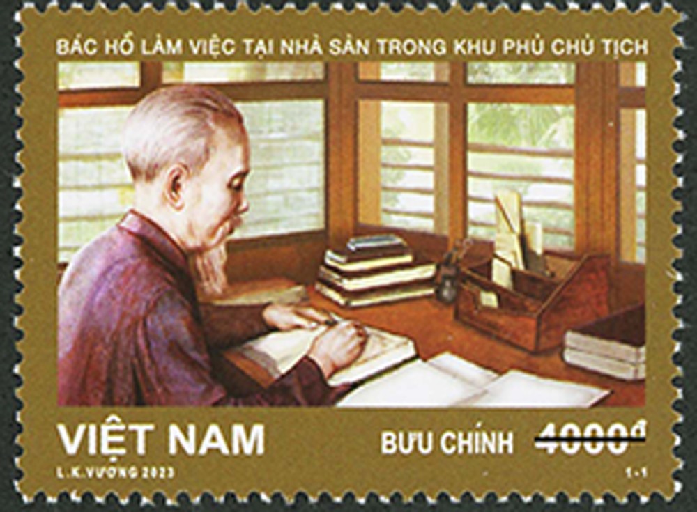 Mẫu tem bưu chính “Nhà sàn Bác Hồ trong Khu Phủ Chủ tịch”.
