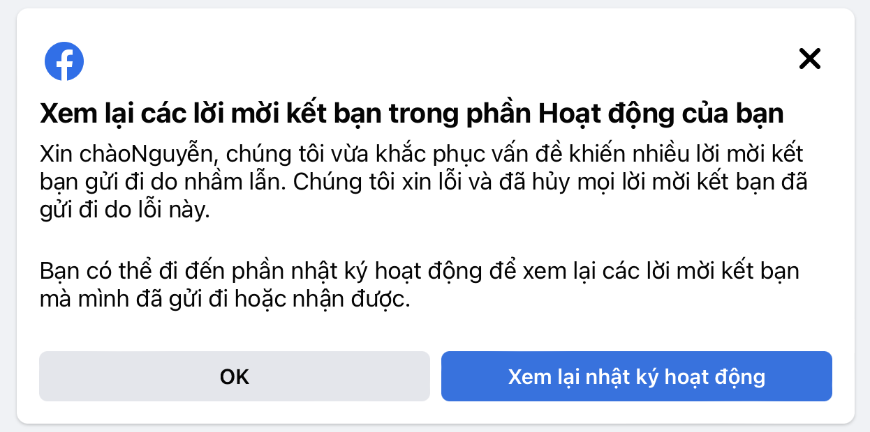 Nội dung thông báo Facebook gửi tới người dùng. Ảnh: Hữu Chánh