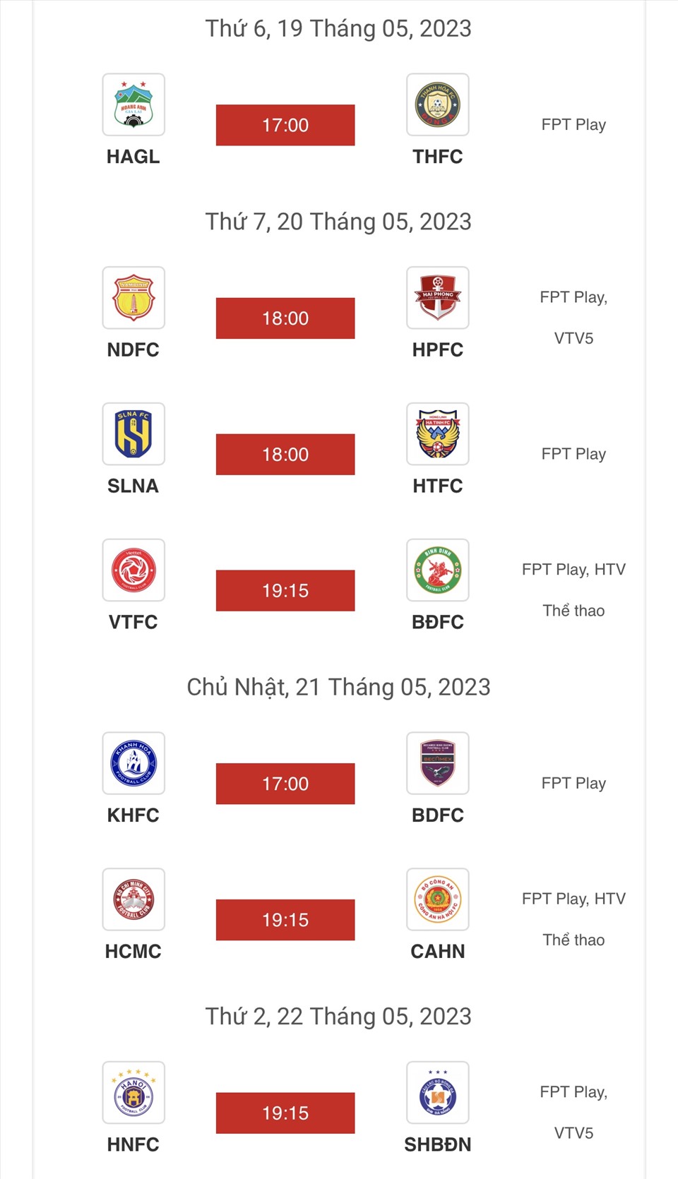 Lịch thi đấu vòng 8 V.League 2023.