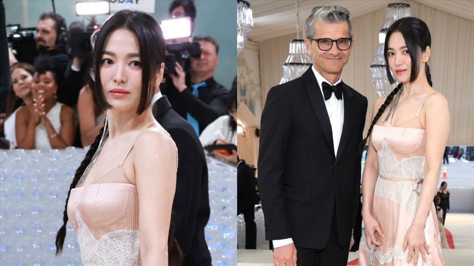 Song Hye Kyo có màn chào sân tại Met Gala năm nay. Cô đồng hành cùng CEO của Fendi và là diễn viên Hàn duy nhất tham dự thảm đỏ thời trang đắt giá này. Ảnh: Twitter