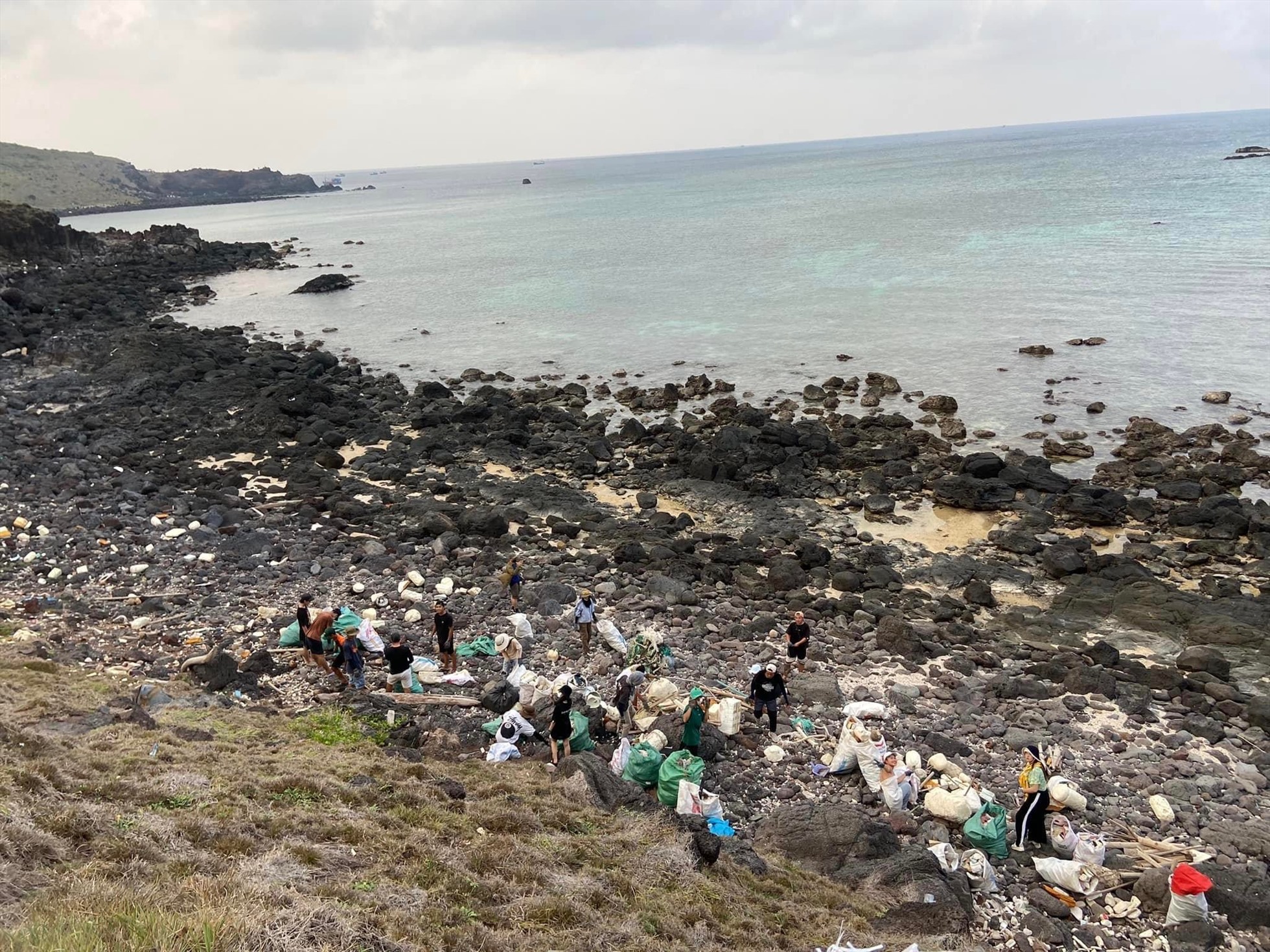 Các bạn trẻ ở đảo Phú Quý cùng Thuỳ nhặt rác ở ven biển. Ảnh: NVCC