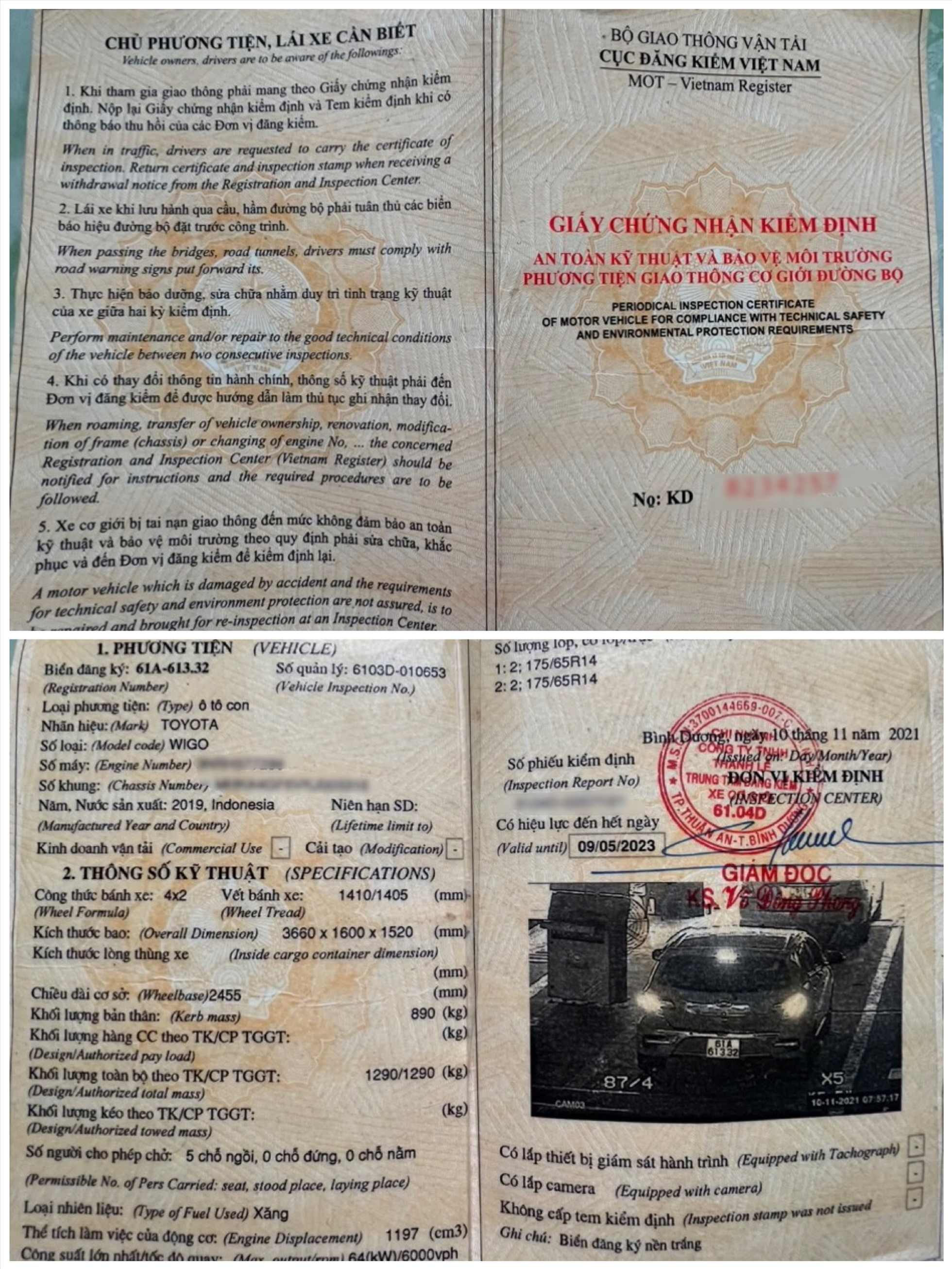 Hồ sơ giấy tờ xe ôtô mà anh Hùng mang theo khi đến trung tâm đăng kiểm. Ảnh: NVCC.