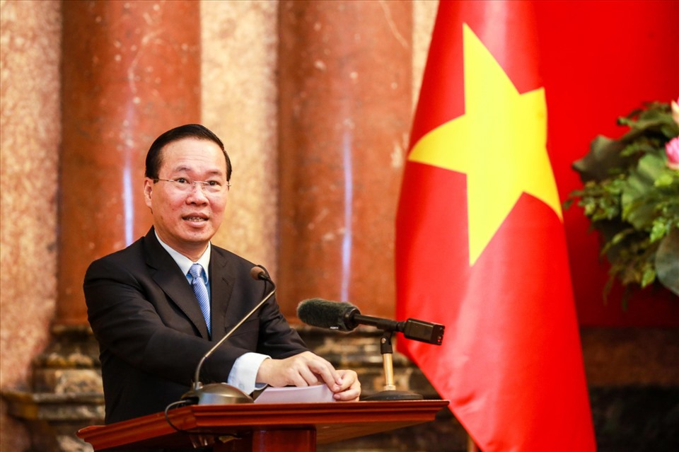 Chủ tịch nước Võ Văn Thưởng phát biểu trong buổi gặp mặt Đoàn thể thao Việt Nam. Ảnh: Bùi Lượng