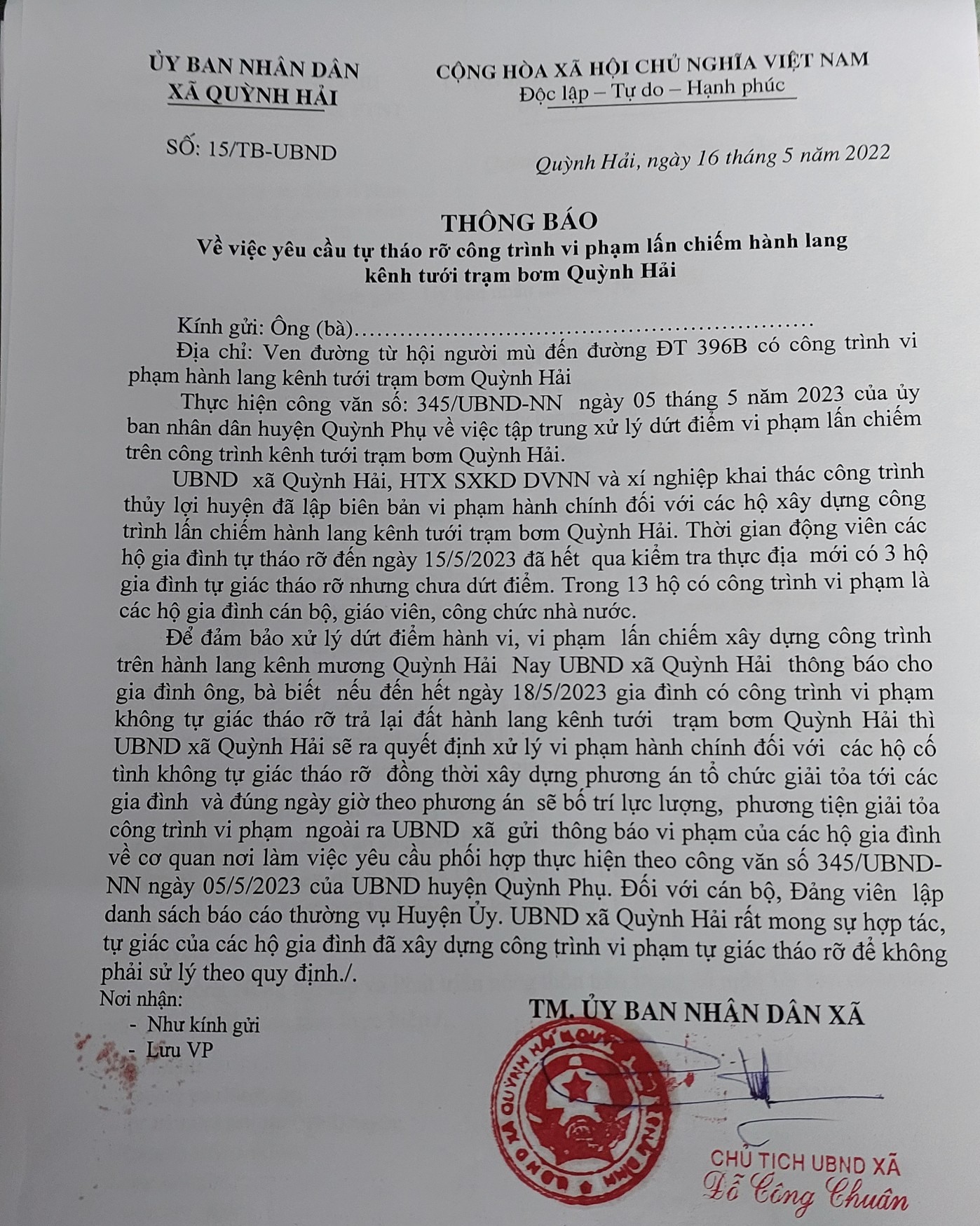 Thông báo ngày 16.5 của UBND xã Quỳnh Hải gửi các hộ vi phạm.