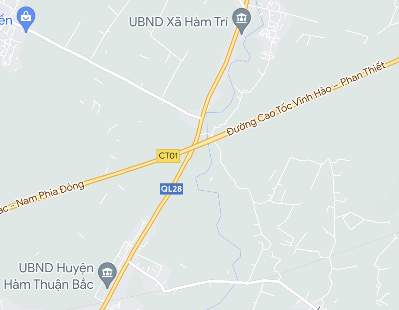 Bản đồ trên Google Maps hiển thị cao tốc Vĩnh Hảo - Phan Thiết giao với Quốc lộ 28. Ảnh chụp màn hình