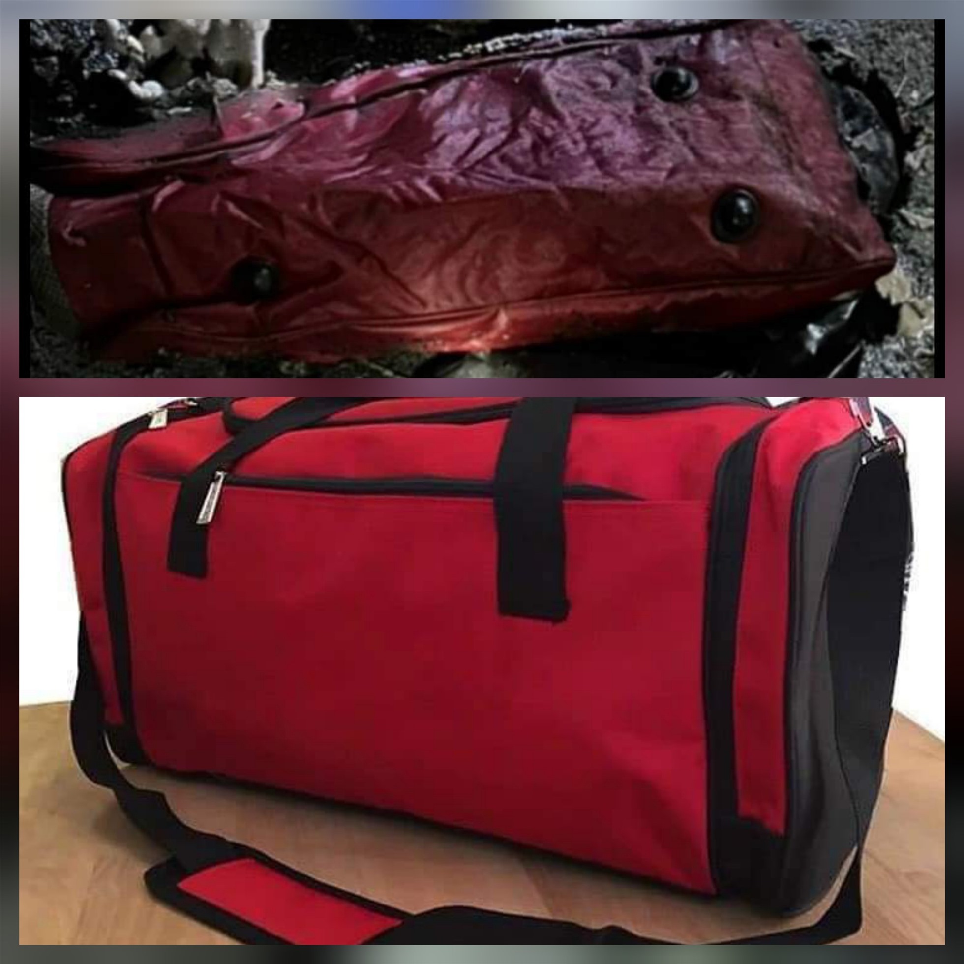 Công an cung cấp thêm manh mối mới là túi xách màu đỏ tại hiện trường bị cháy xém và mẫu túi tương tự còn mới. Ảnh: CACC