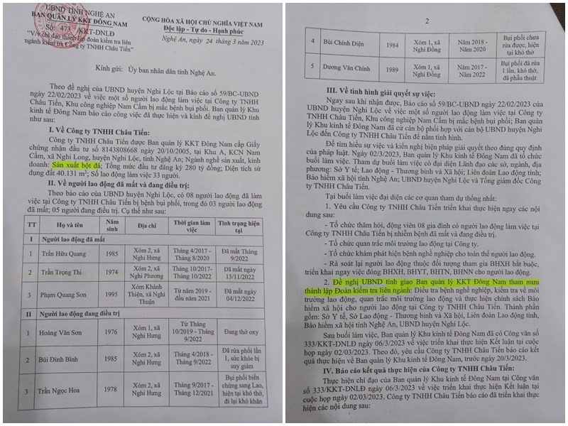 Báo cáo của Ban Quản lý Khu Kinh tế Đông Nam về sự việc xảy ra tại Công ty TNHH Châu Tiến. Ảnh: Hải Đăng