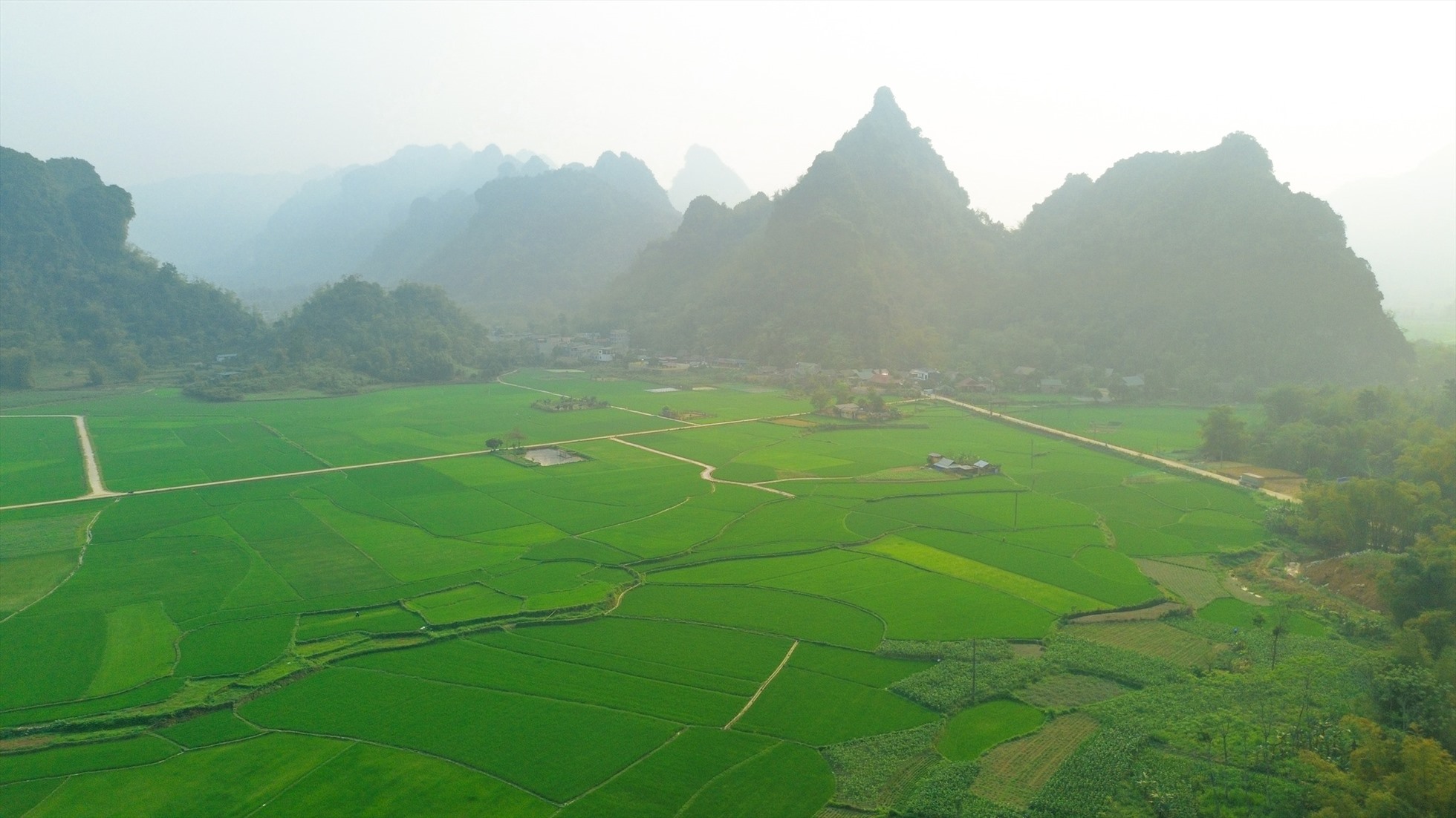 Khi đi qua dãy núi cao để đến Thượng Lâm - Lâm Bình, Yến thấy những cánh đồng, ruộng lúa rộng, bao quanh là núi. Không khí vô cùng dễ chịu.