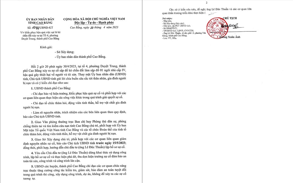 Chỉ đạo khẩn của Chủ tịch UBND tỉnh Cao Bằng Hoàng Xuân Ánh liên quan đến vụ việc. Ảnh: An Trịnh.