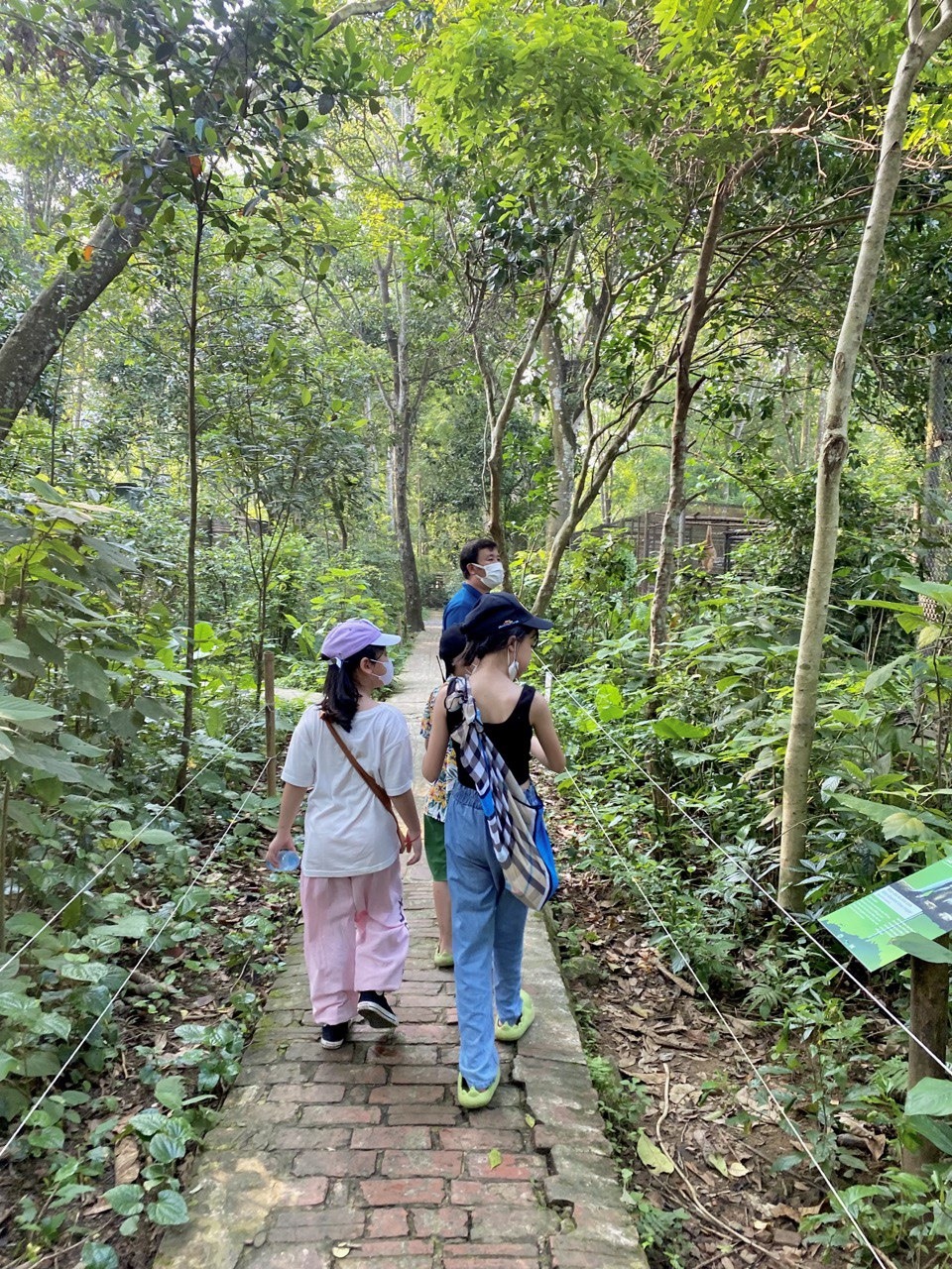 Du khách nhí đi thăm khu trung tâm cứu hộ thú Linh Trưởng, nghe bác hướng dẫn viên giới thiệu về từng loài.