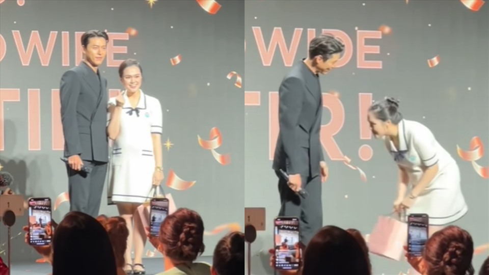 Quỳnh Anh giao lưu và cúi chào cảm ơn khi được Hyun Bin tặng quà trên sân khấu. Ảnh: Chụp màn hình