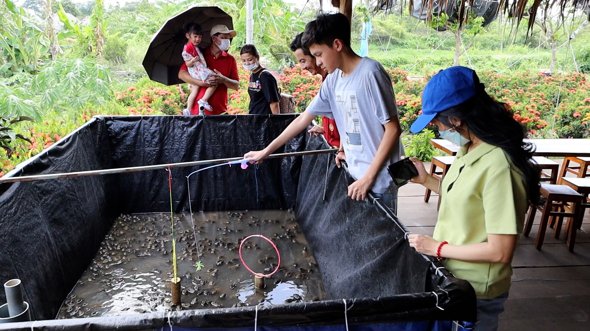 Du khách trải nghiệm với ếch làm xiếc. Ảnh: Tạ Quang