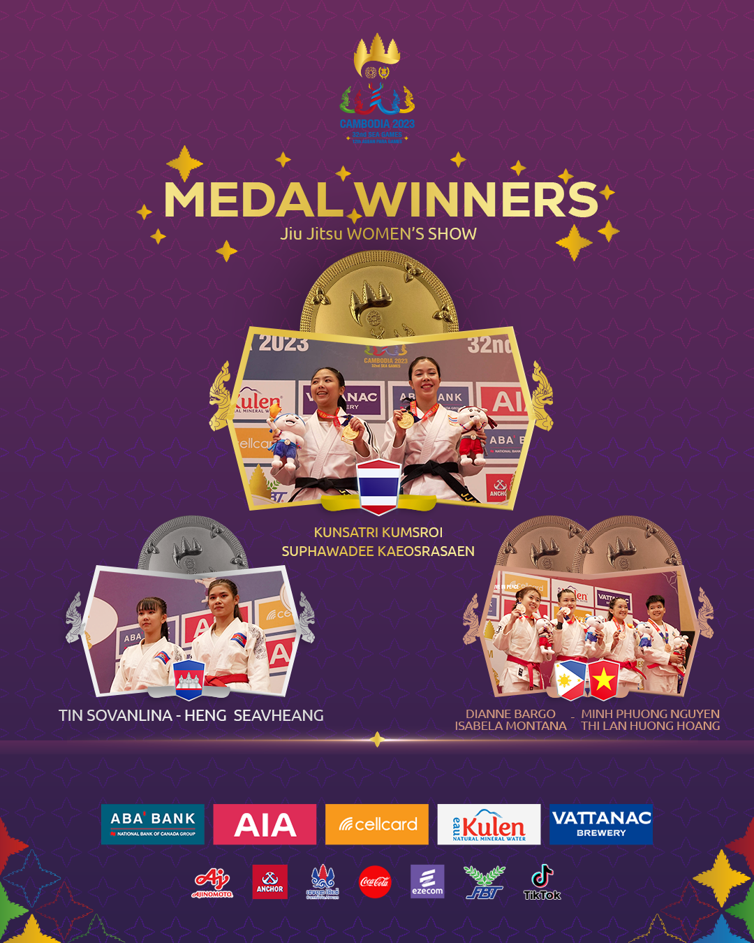 Các vận động viên ju-jitsu đã giành huy chương ở hạng cân 52kg ne-waza dành cho Nữ  Ảnh: Cambodia 2023.