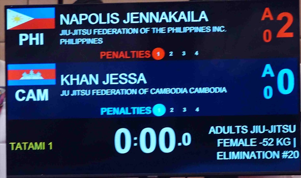 Jenna Napolis giành chiến thắng 2-0 trước Jesse Khan, qua đó giúp Jujitsu Philippines có tấm huy chương vàng SEA Games 32 đầu tiên. Đây cũng là tấm huy chương vàng đầu tiên của thể thao Philippines tại Đại hội năm nay. Với Jesse Khan, cô chính thức vỡ mộng đoạt cú đúp huy chương vàng trên sân nhà.