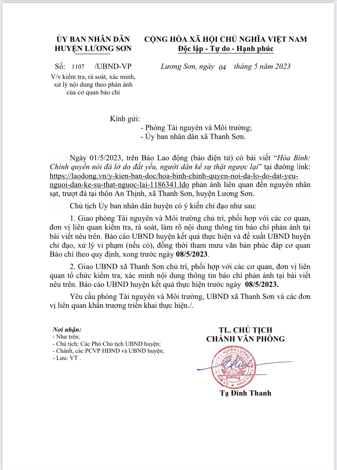 Văn bản chỉ đạo của UBND huyện Lương Sơn.