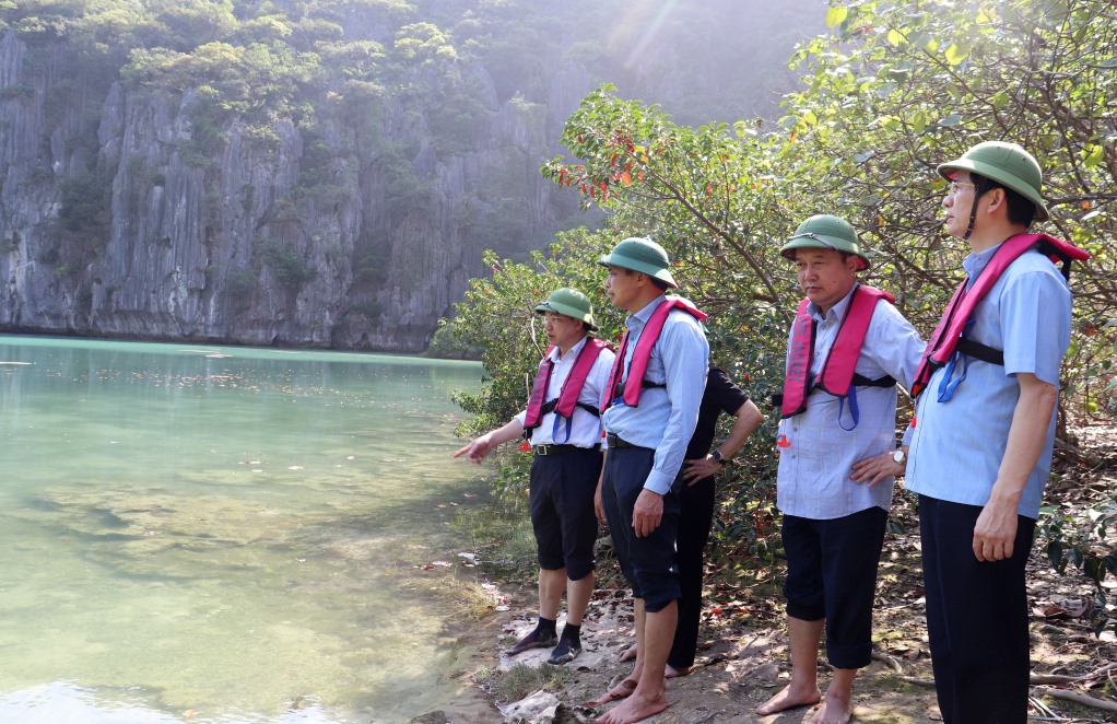 Bí thư tỉnh ủy Quảng Ninh Nguyễn Xuân Ký cùng đoàn công tác khảo sát xung quanh đảo Mắt Rồng chiều 6.5.2023. Ảnh: Thu Chung