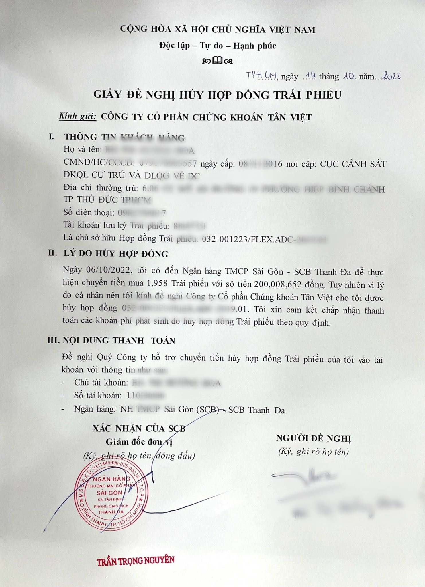 Dù làm đơn thư, khách hàng vẫn không được chấp thuận huỷ hợp đồng từ Tân Việt. Ảnh: NVCC