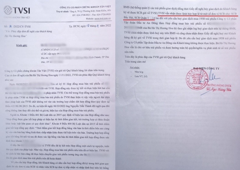 ...nhưng phía Công ty CP Chứng khoán Tân Việt phản hồi là không nhận được yêu cầu huỷ nào được gửi bởi Ngân hàng SCB. Ảnh: NVCC