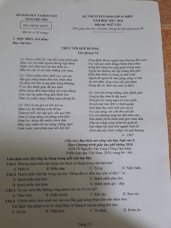 Đề thi môn Ngữ văn vào lớp 10 tỉnh Phú Yên năm 2023.