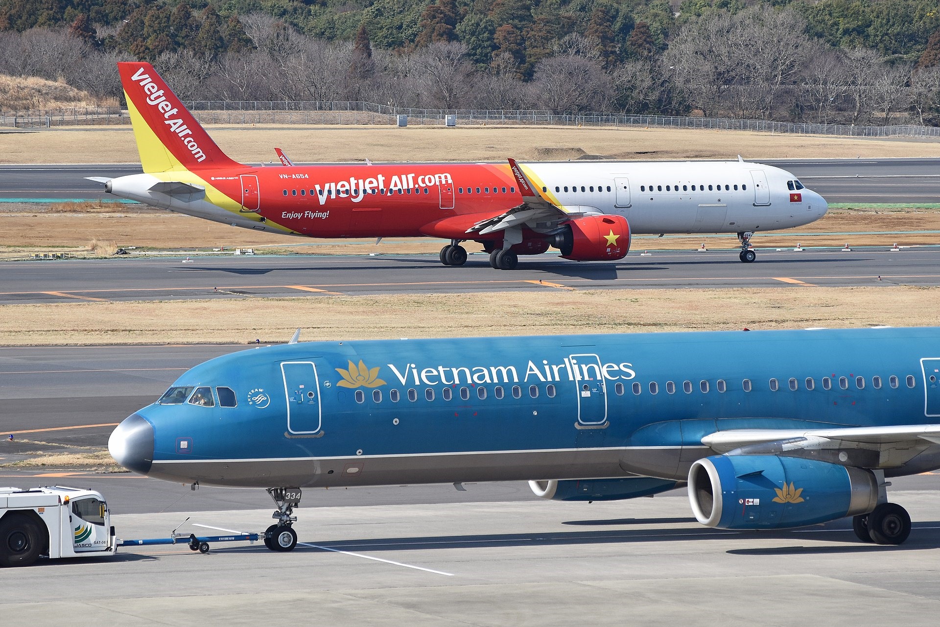 Máy bay của Vietnam Airlines và VietJet Air tại sân bay quốc tế Narita, Tokyo, Nhật Bản ngày 17.3.2019. Ảnh: Alan Wilson/Wikipedia