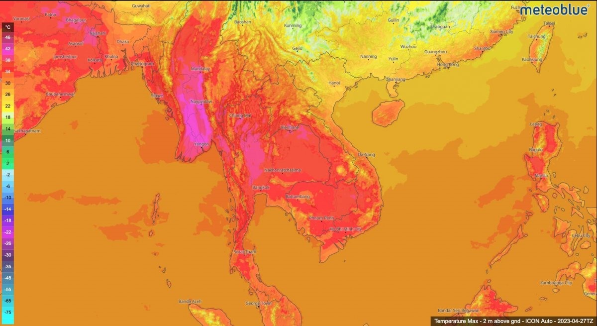 Nắng nóng tháng 4 ở châu Á. Ảnh: Meteoblue