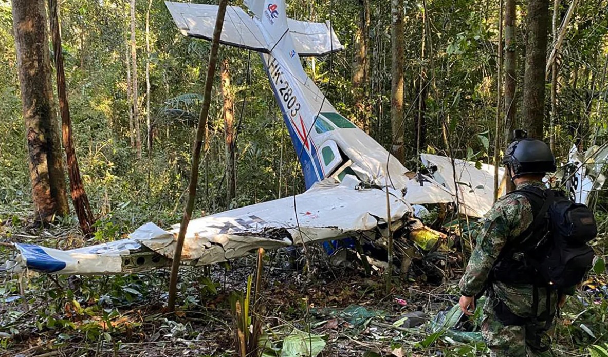 Chiếc máy bay gặp nạn trong rừng Amazon. Ảnh: Quân đội Colombia