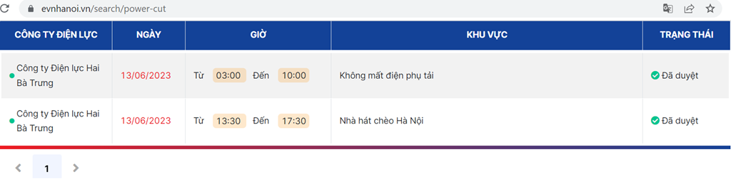 Chi tiết lịch cắt điện Hà Nội ngày mai 13.6. Ảnh chụp màn hình