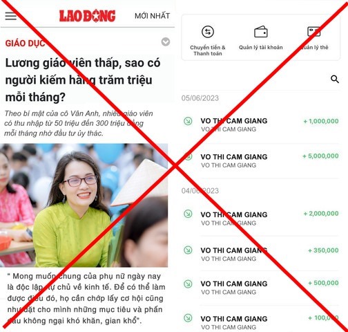 Hình ảnh cô giáo Hoa bị cắt ghép thành một bài báo đăng tải trên Báo Lao Động với cái tên là “Vân Anh“. Ảnh: Bạn đọc cung cấp.