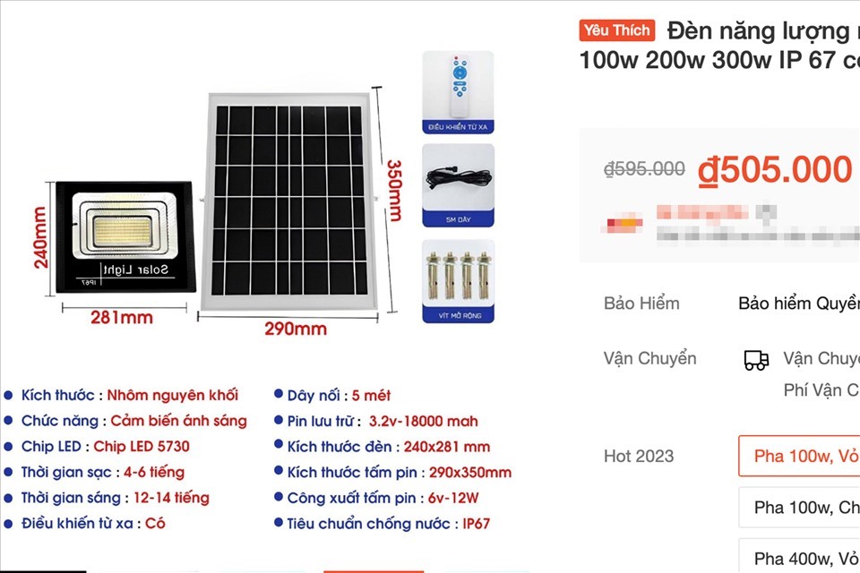 Một sản phẩm đèn năng lượng mặt trời đang được bán trên trang thương mại điện tử. Ảnh chụp màn hình