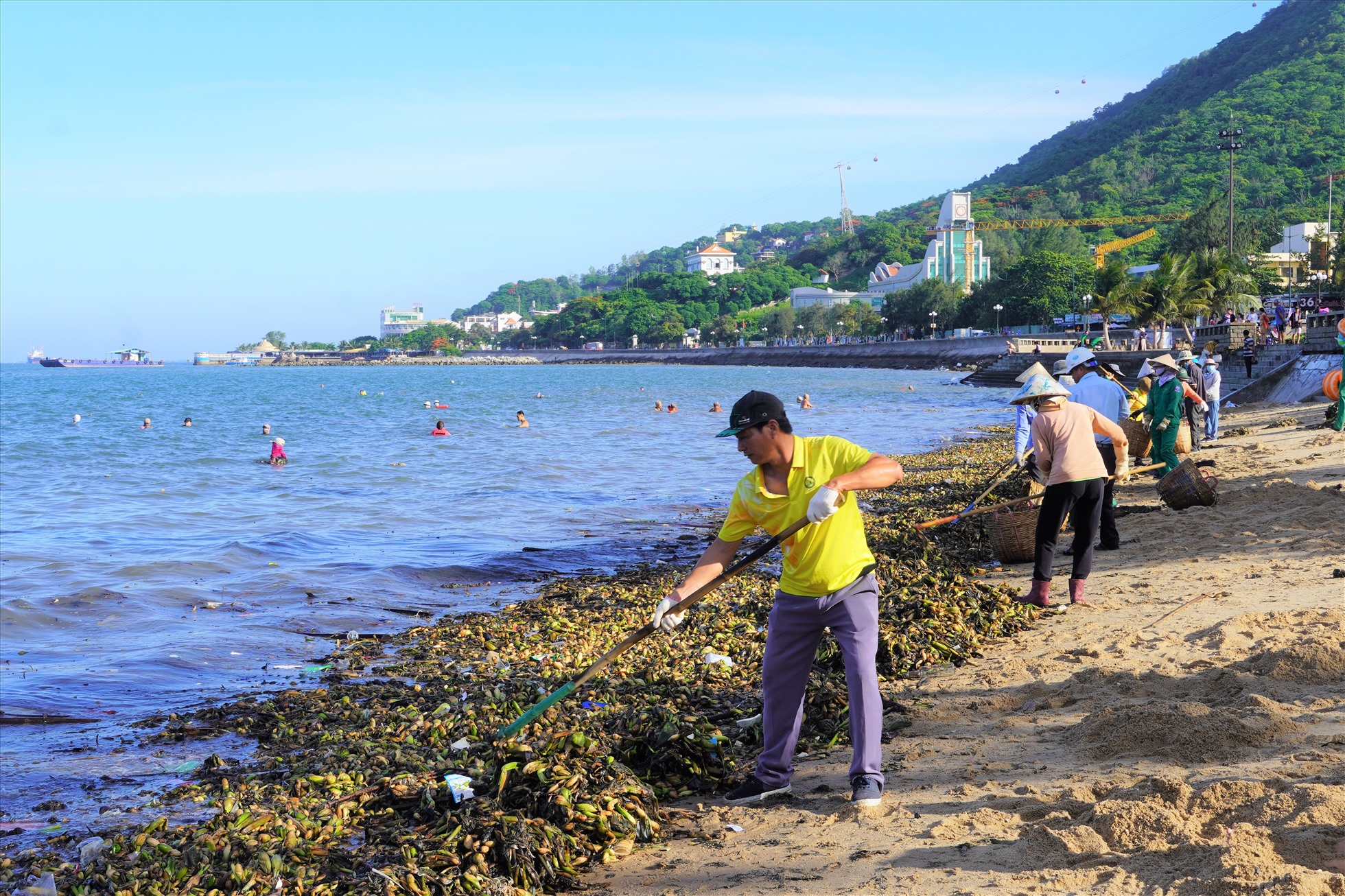 Trước tình hình đó, Công ty Cổ phần Dịch vụ môi trường và Công trình đô thị Vũng Tàu (VESCO) đã huy động hơn 120 người, kể cả công nhân văn phòng tham gia thu gom rác trên bãi biển. Ảnh: Thành An