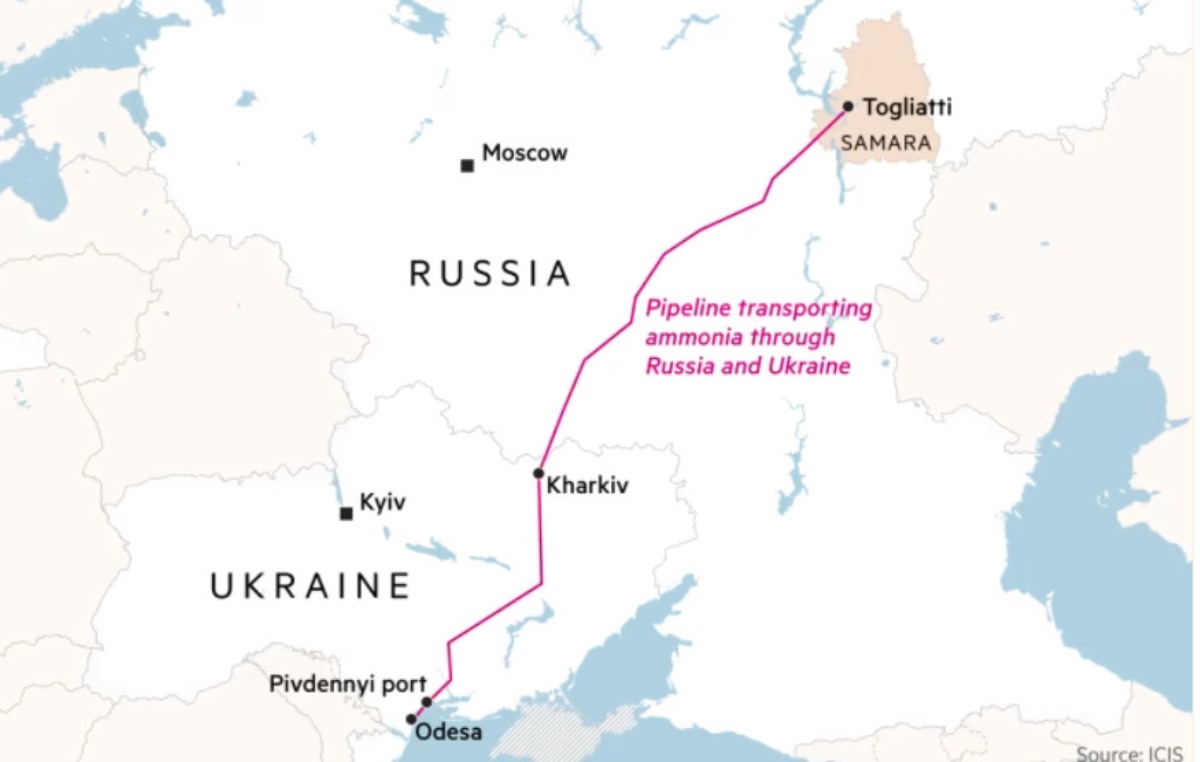 Bản đường ống dẫn khí amoniac từ Togliatti (Nga) đến Odessa (Ukraina). Ảnh: ICIS