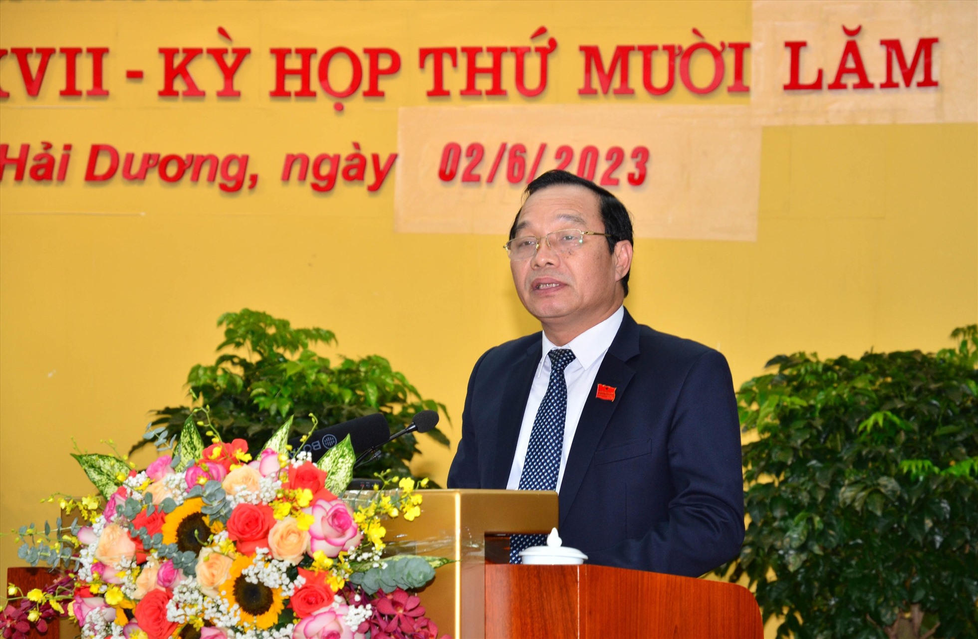 Tân Chủ tịch HĐND tỉnh Hải Dương phát biểu nhận nhiệm vụ. Ảnh: Cổng TTĐT tỉnh Hải Dương