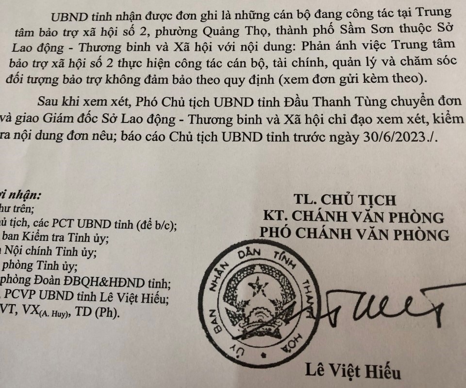 Văn bản của UBND tỉnh Thanh Hóa giao Sở kiểm tra, làm rõ thông tin đơn thư phản ánh. Ảnh: Minh Hoàng