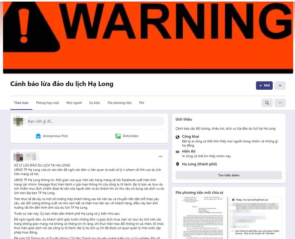 Những người làm du lịch tại Hạ Long đã lập nhóm Cảnh báo lừa đảo du lịch Hạ Long chia sẻ thông tin, đấu tranh với các tài khoản facebook lừa đảo. Ảnh chụp lại từ màn hình.