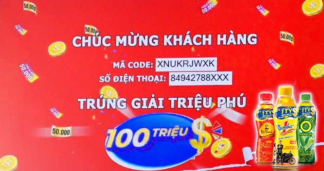 Mã số dự thưởng may mắn trúng 100 triệu đồng sau đó được xác định là của anh Nguyễn Văn Sinh. Ảnh: Tân Hiệp Phát