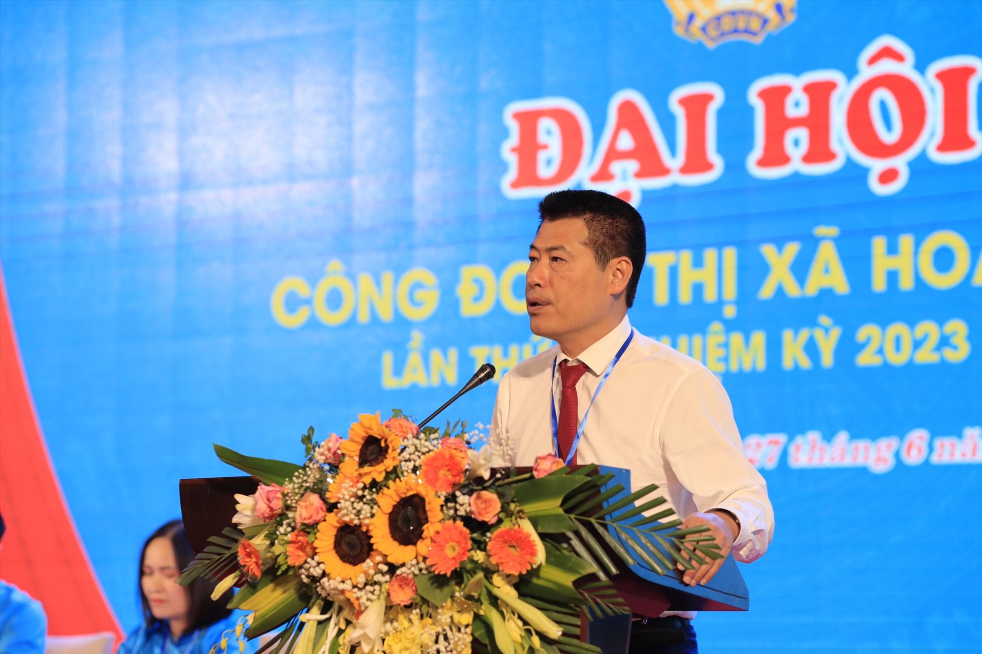 Ông Lê Trường Giang – Bí thư thị ủy Hoàng Mai phát biểu chỉ đạo đại hội. Ảnh: Vân Nam
