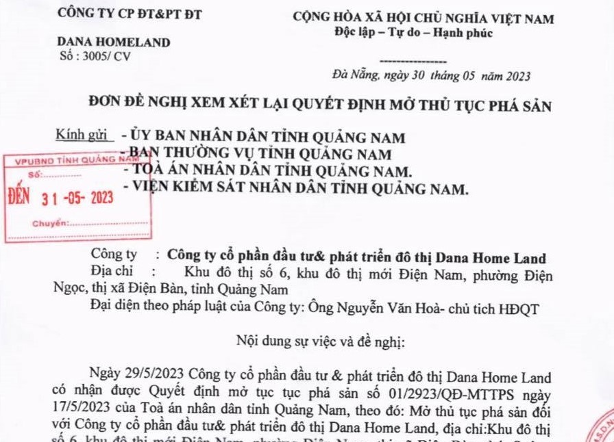 Văn bản Dana Home Land cho rằng việc “Mở thủ tục phá sản đối với đơn vị mình của TAND tỉnh Quảng Nam là trái pháp luật.