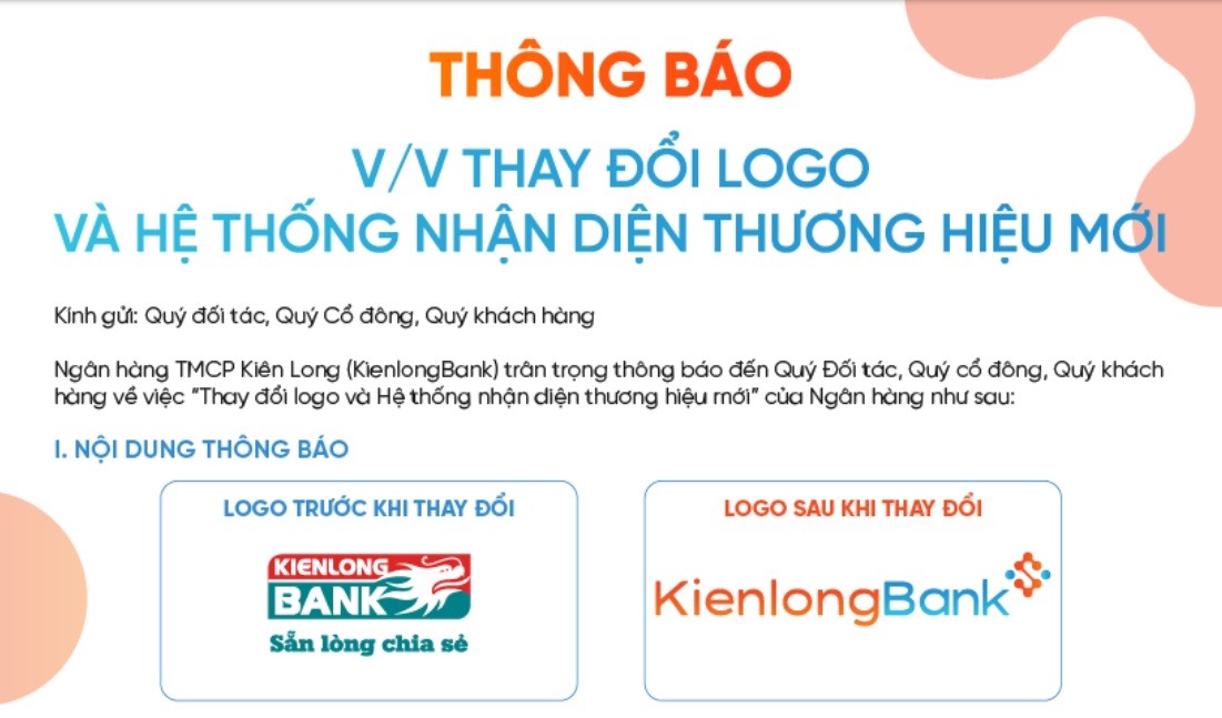 Ngân hàng Kiên Long thông báo thay đổi logo và bộ  nhận diện thương hiệu mới. Ảnh: Chụp màn hình