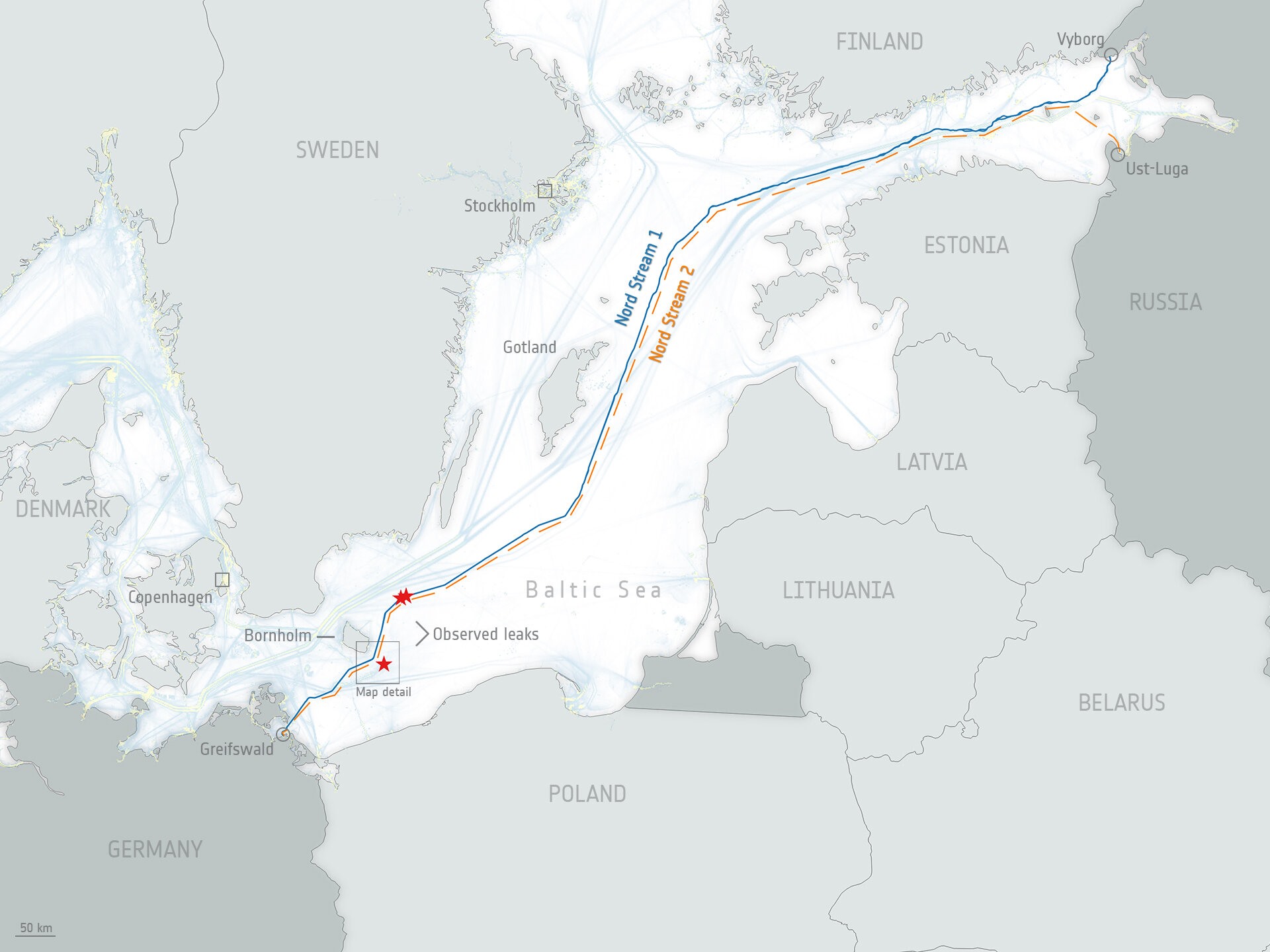 Bản đồ đường ống dẫn khí đốt Nord Stream 1 và 2 chạy dưới biển Baltic từ Nga đến Đức. Đường ống Nord Stream 1 chạy từ Vyborg ở tây bắc Nga, gần Phần Lan và đường ống Nord Stream 2 chạy từ Ust-Luga ở tây bắc Nga gần Estonia. Ảnh: Cơ quan Vũ trụ châu Âu