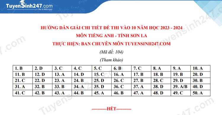 Đáp án đề thi vào lớp 10 môn Tiếng Anh tỉnh Sơn La. Ảnh: Tuyensinh247