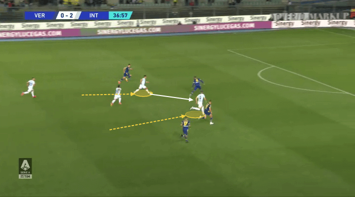 Tiền vệ của Inter cũng có thể chủ động dâng cao tìm sự đột biến (Ảnh cắt từ video)