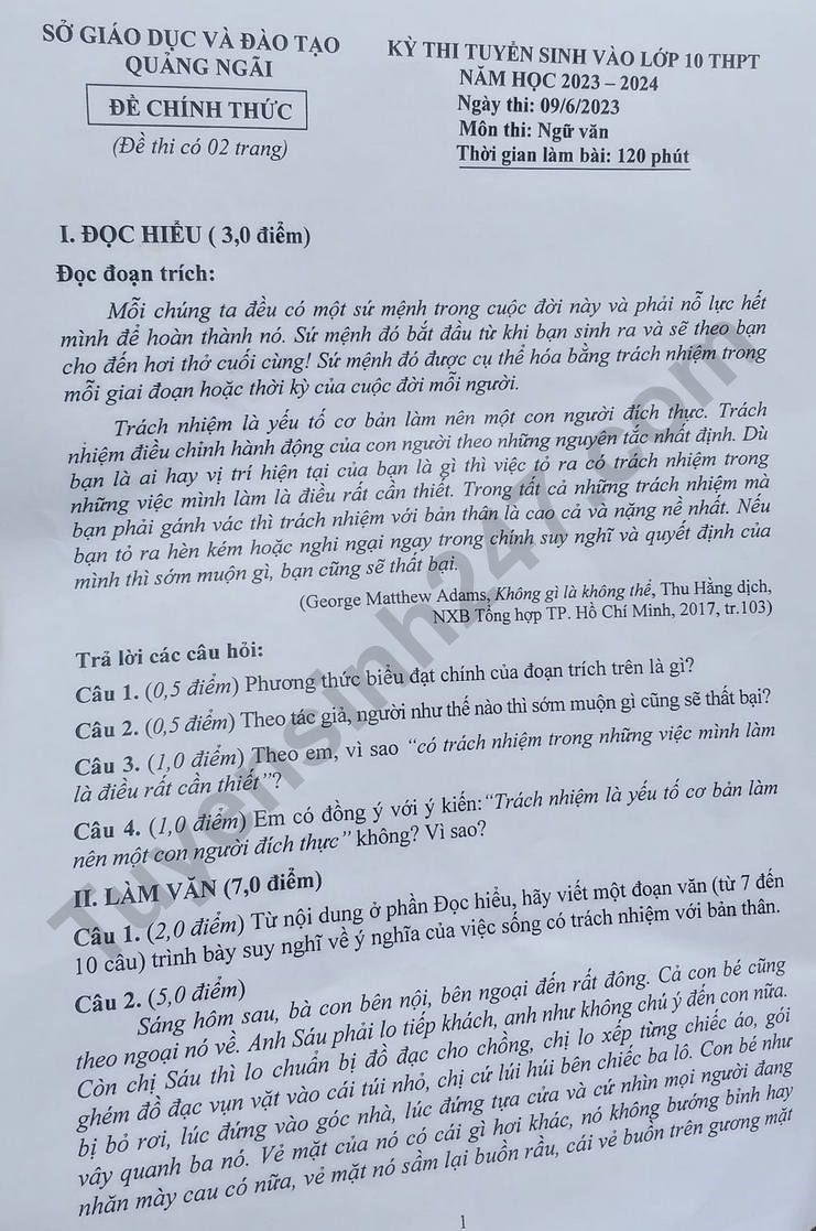 Đề thi vào lớp 10 môn Văn tỉnh Quảng Ngãi năm 2023. Ảnh: Tuyensinh247