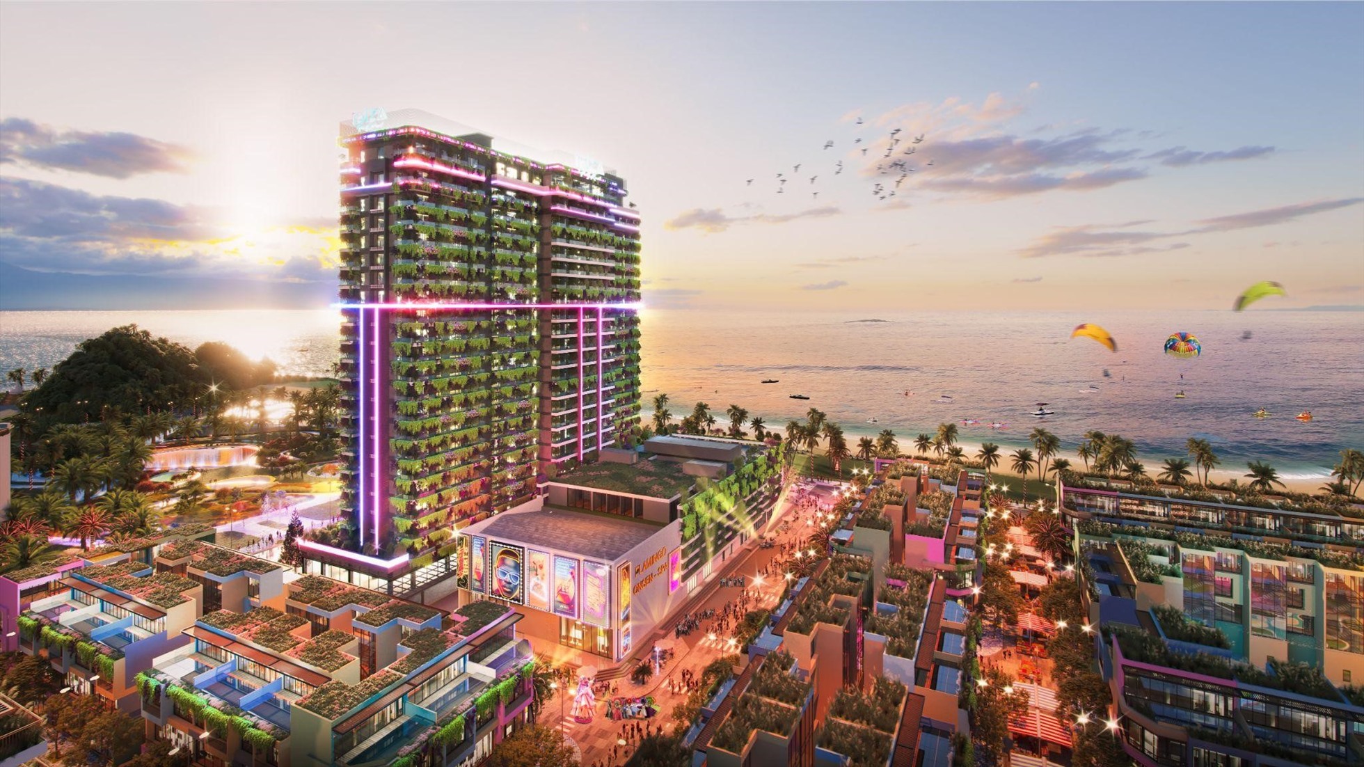 Toà tháp tiệc tùng Ibiza Party Resort và Trung tâm nghỉ dưỡng Bốn Mùa - The Seasons Center nằm cạnh nhau tại trung tâm của quần thể dự án Flamingo Ibiza 1. Ảnh Flamingo