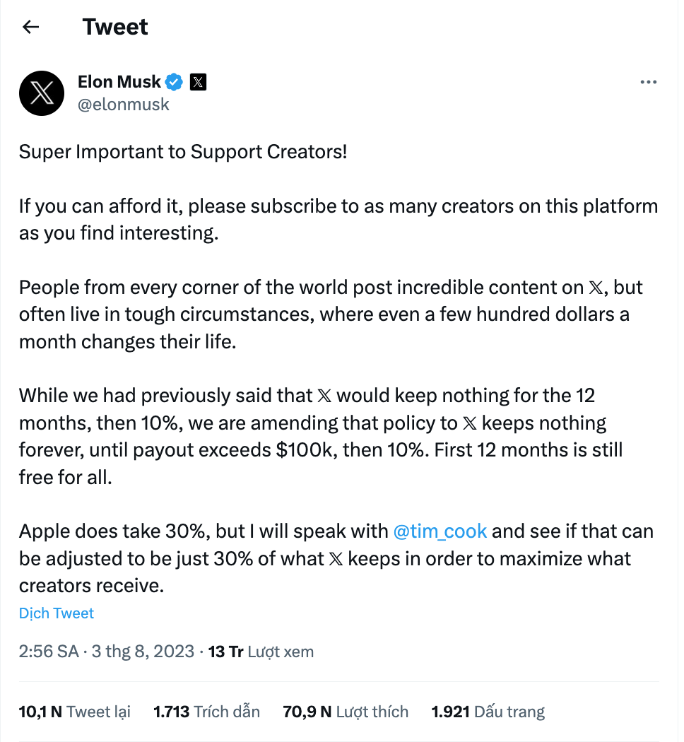 Tweet của Elon Musk về vấn đề giảm tiền hoa hồng trên Apple Store. (Ảnh chụp màn hình)